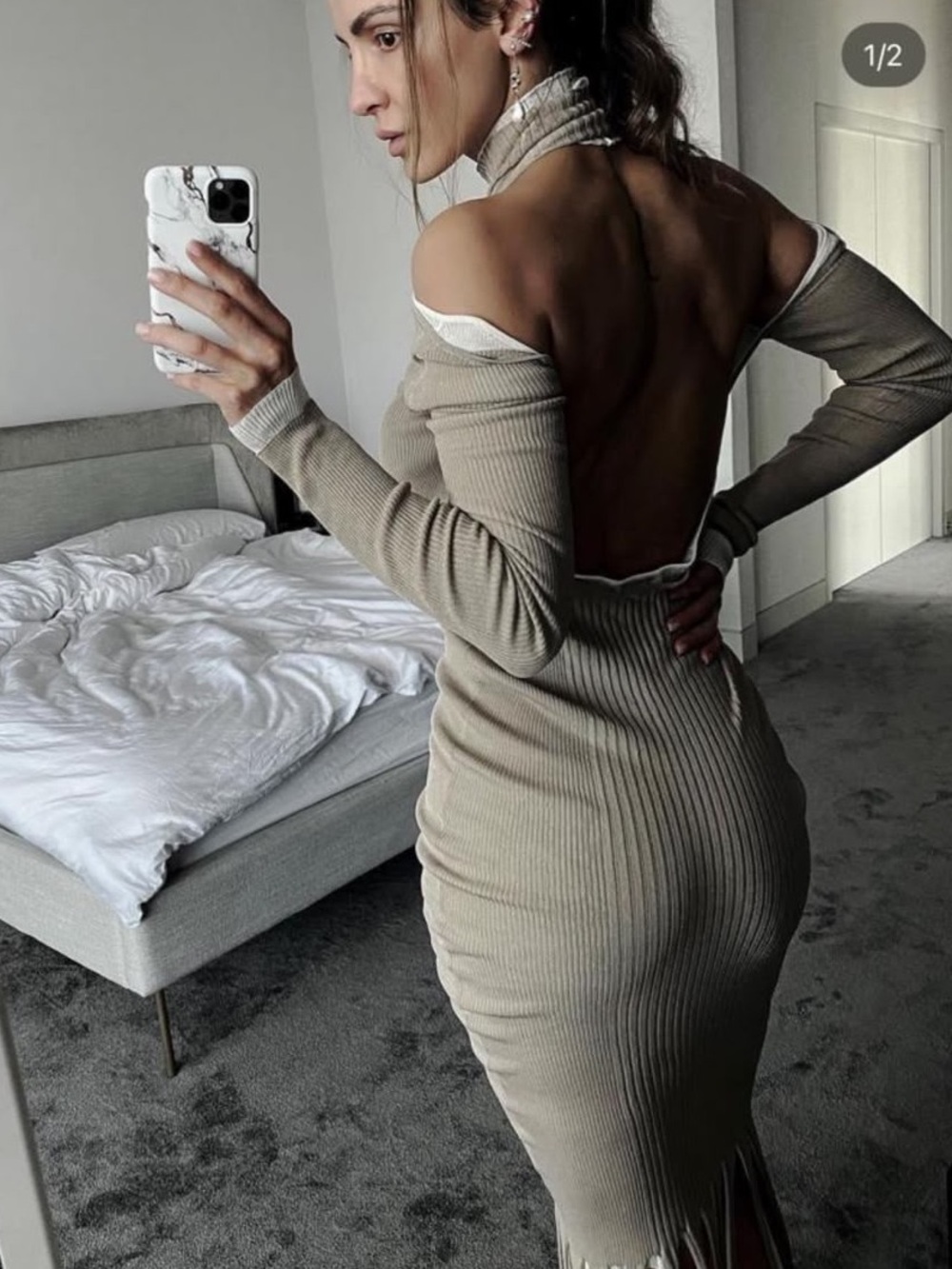 Bottega Veneta Backless Silk Ribbed Fringe Maxi Dress XS Beige Ivory Never Worn